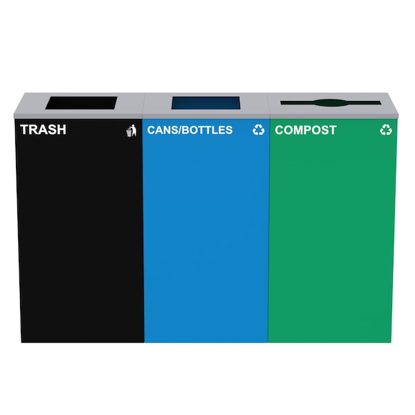 Alpine Industries 87 Gal. 3-Stream Steel Blue Cans & Bottles, Green Compost, and Black Commercial Trash Can Station ALP4450-BLK-KIT25 - main